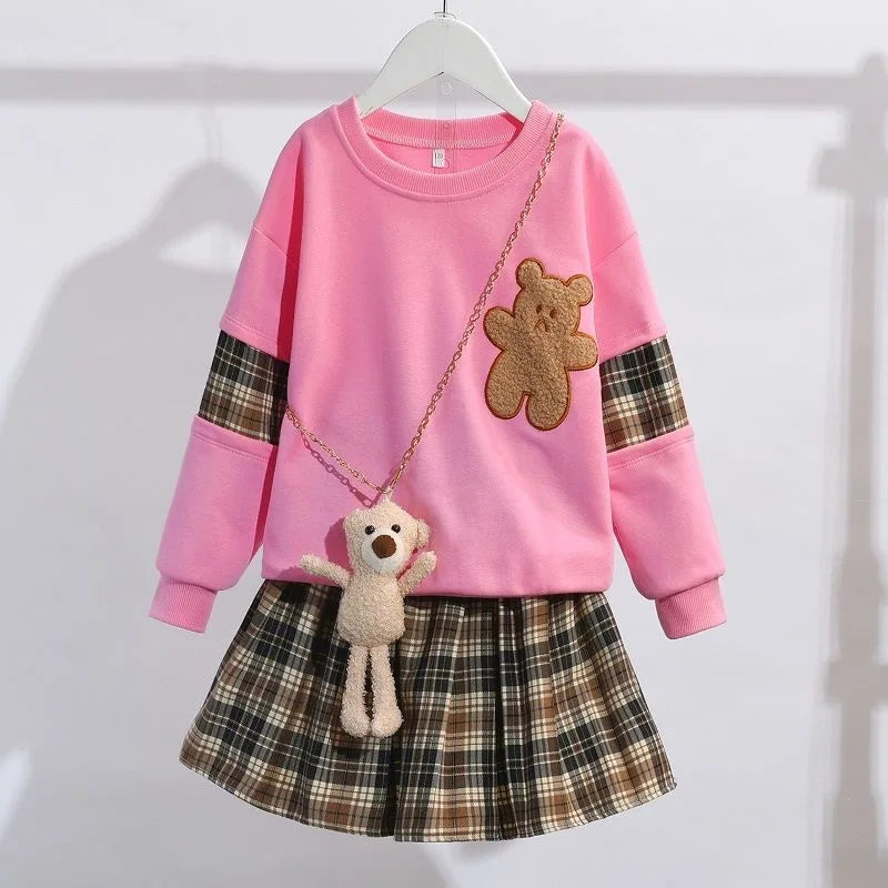 3-14 Years Teenager Girls Outfits Cute Bear Sweatshirt + Plaid Skirt 2Pcs Suit For Girls Birthday Present Children Clothing Sets