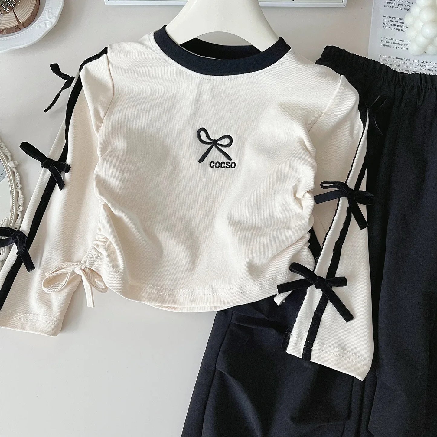 Autumn Girls Two-piece Set Printed Bow Waist Top+Solid Color Cargo Pants Toddler Girl Clothes  Kids  Kids Clothes Girls