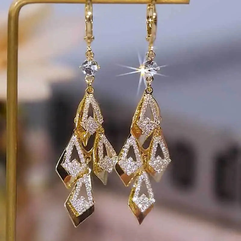 Super Sparkling Rhombus Zircon Golden Tassel Earrings For Women Fashion Personalized Daily Accessory Party Jewelry Birthday Gift