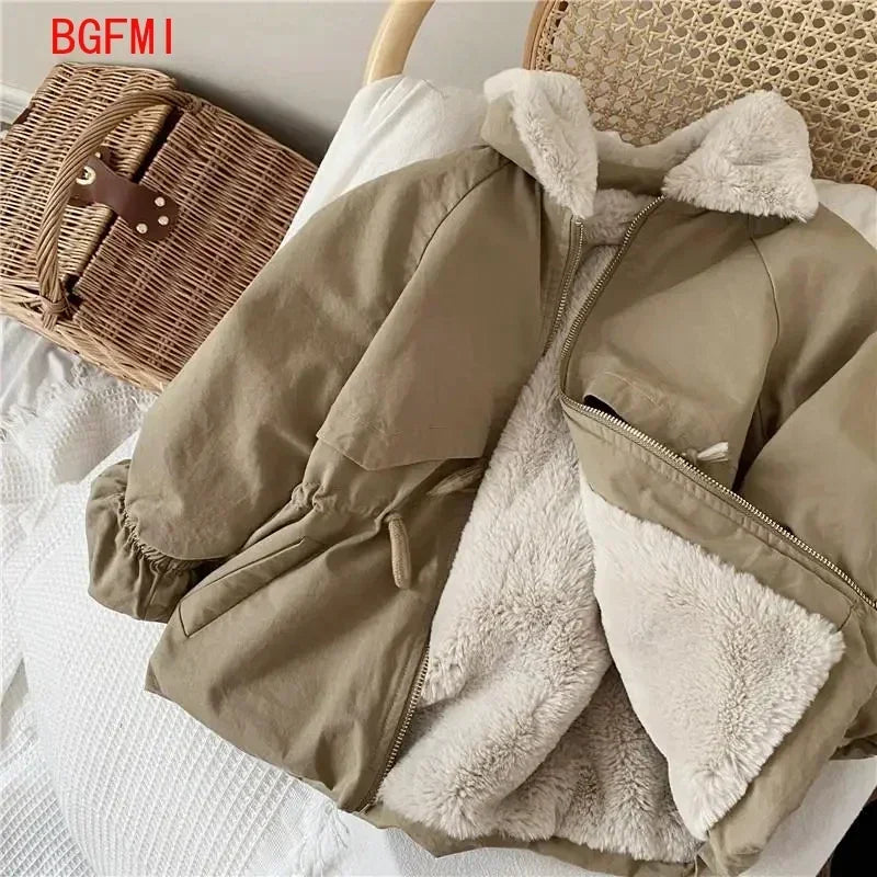 Baby Boys Khaki Lamb Wool Blend Parkas Coat Autumn Winter Coats Fur Jackets for Girls Cute Warm Jacket Children Snowsuit Fashion