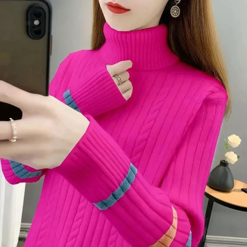 2023 Autumn Winter Women Turtleneck Sweater Soft Pullovers Loose Warm Elasticity Long Sleeved Knitted Sweater Jumper Female Tops