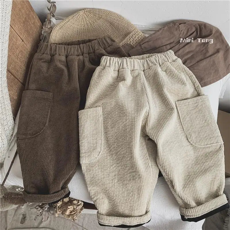 Winter Plush Warm Kids Pants 2024 Korea Style Children's Clothing Corduroy Plush Thick Warm Casual Pants for Boys Girls