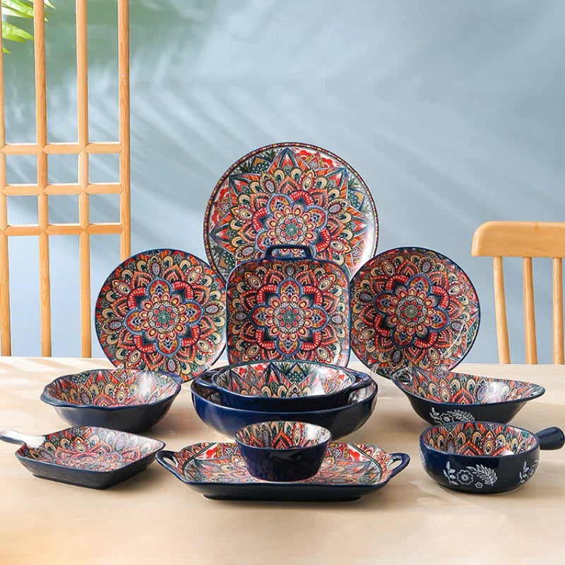 Rice Plate Bowls for Food Dishes Ceramic Dishes to Eat Dish Full Ceramic Tableware Retro Hand Drawn Kitchen Dining Bar Home