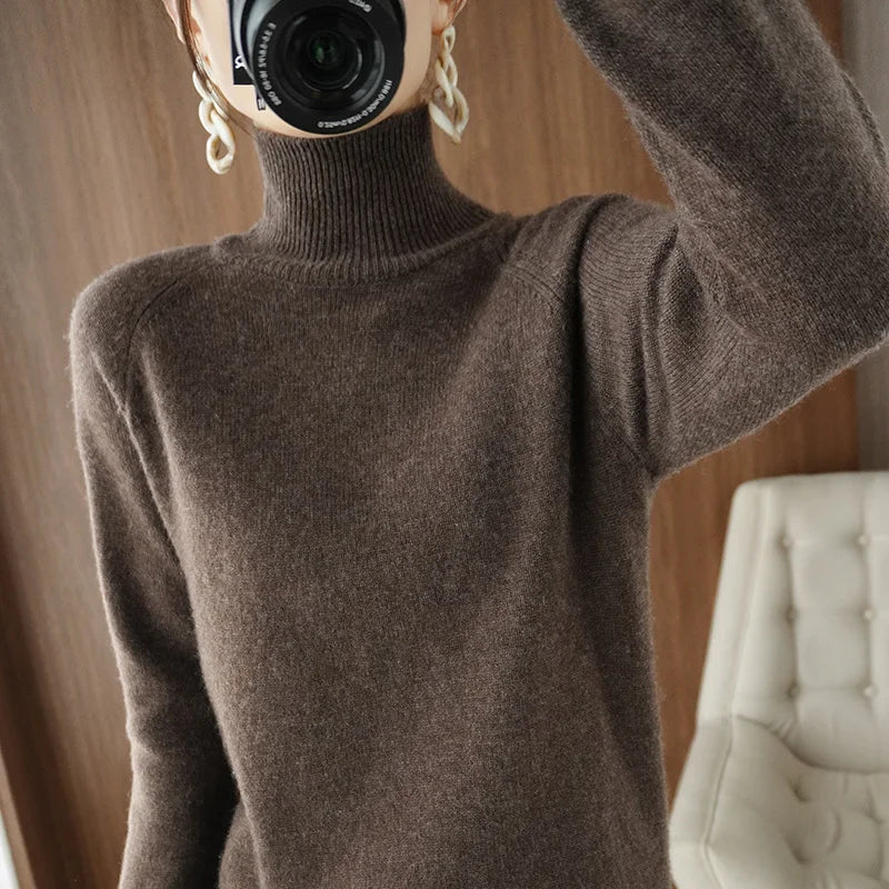 Turtleneck Merino Wool Pullover Basic Casual Cashmere Sweater Comfort Autumn Winter Women's Raglan Sleeve Clothing Tops