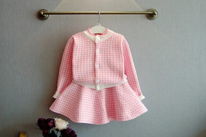 2024 Autumn Little Girl Pink Plaid Sweater Sets Winter Kids Korean Style Casual Cardigan Sweater Baby Girl Toddler Clothing