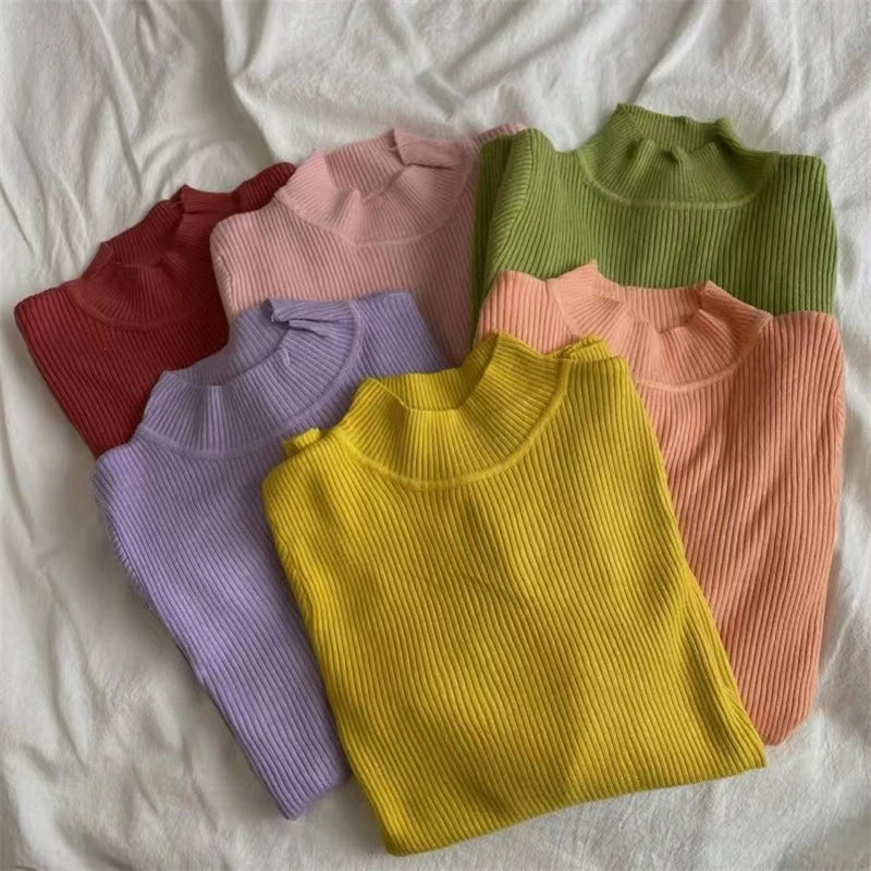 Autumn High Collar Long Sleeve Skinny Elastic Casual Tops Bottoming Sweater Women Basics Knitted Shirts Warm Knitwear Pullovers