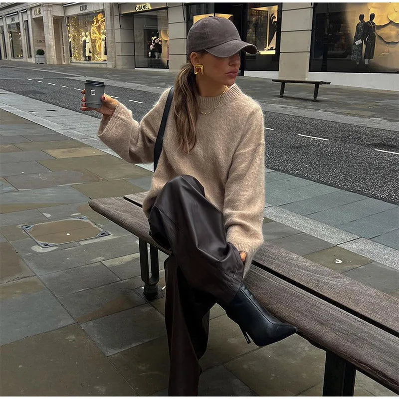 Casual Brown O-Neck knitted Cashmere Pullover Women Fashion Full Sleeve Loose Commute Jumper 2024 Autumn Lady Street Outerwears