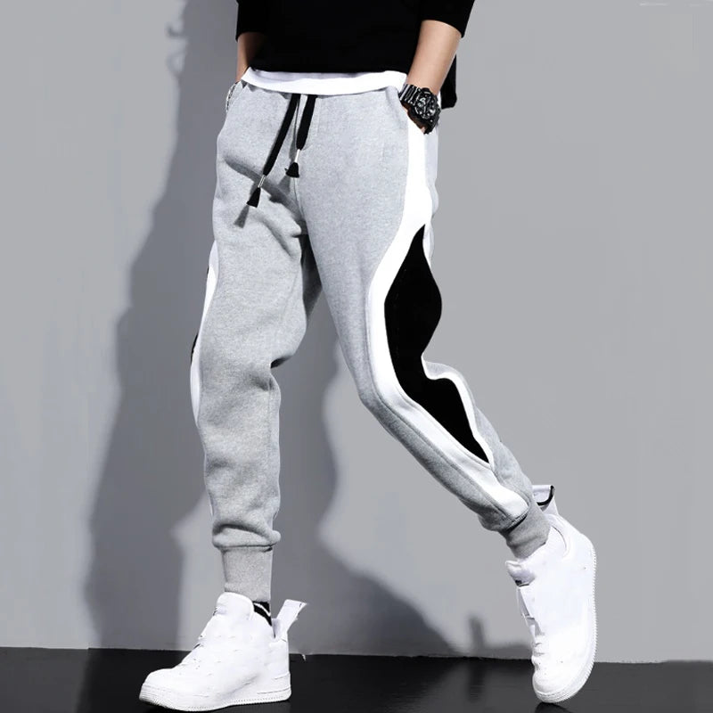 Spring Autumn Men's Wide Loose Casual Pants Mens Patchwork Nine-point Sports  Elastic Rope Breathable Tie-foot Trousers