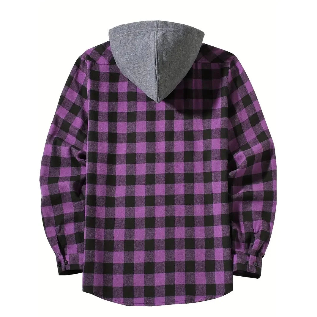 Spring Autumn Men's Hoodies Shirts Classic Plaid Casual Button Down Hooded Long Sleeved Double Pockets Shirt Flannel Jacket Tops