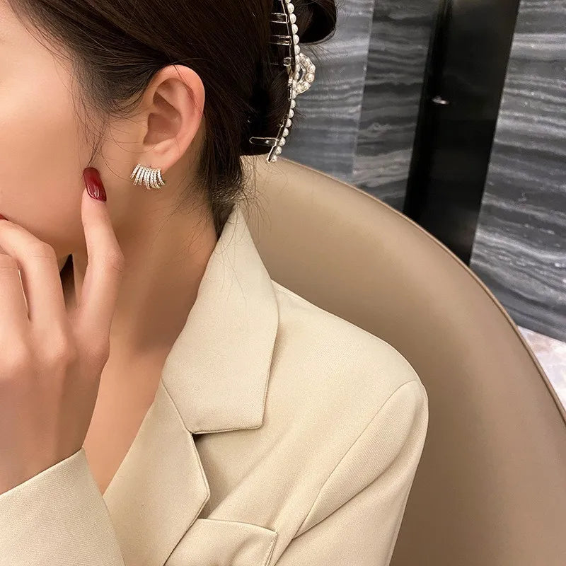 Delicate Multi-layer C- shaped Stud Earrings Women Fashion Temperament Inlaid Rhinestone Ear Stud Party Earrings Accessories