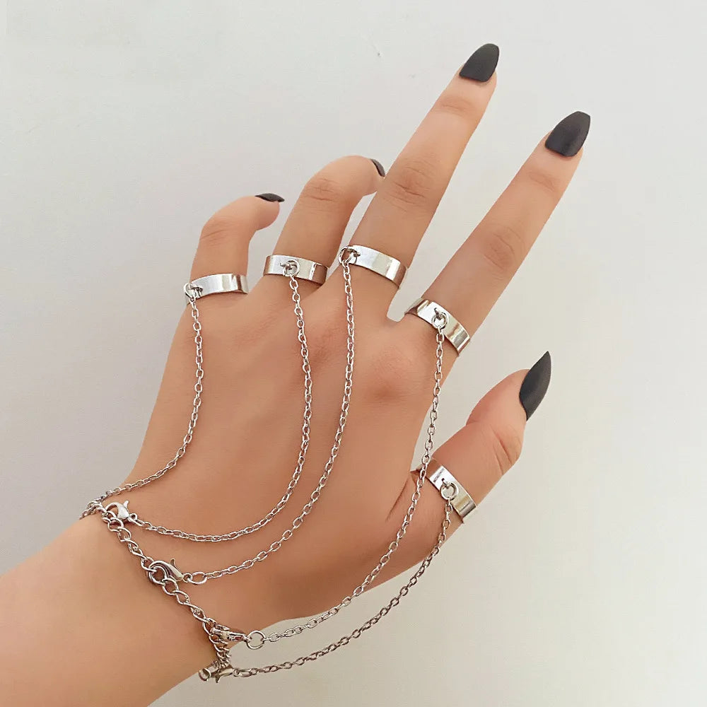 Punk Cool Hiphop Tassel Chain Rings Multi-layer Metal Adjustable Open Finger Rings Set for Women Men Fashion Jewelry Party Gifts