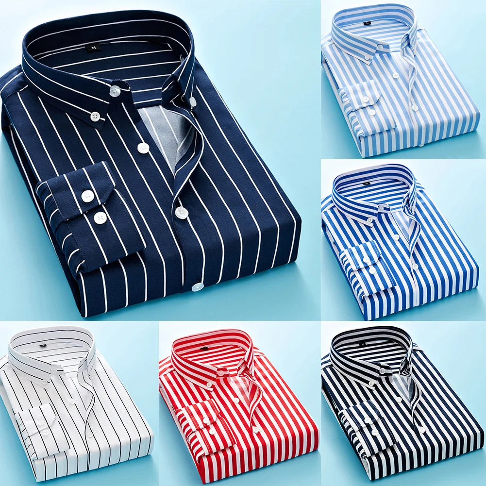 Mens Casual Striped Long Sleeve Band Collar Button Down Formal Shirt Dress Up Shirts