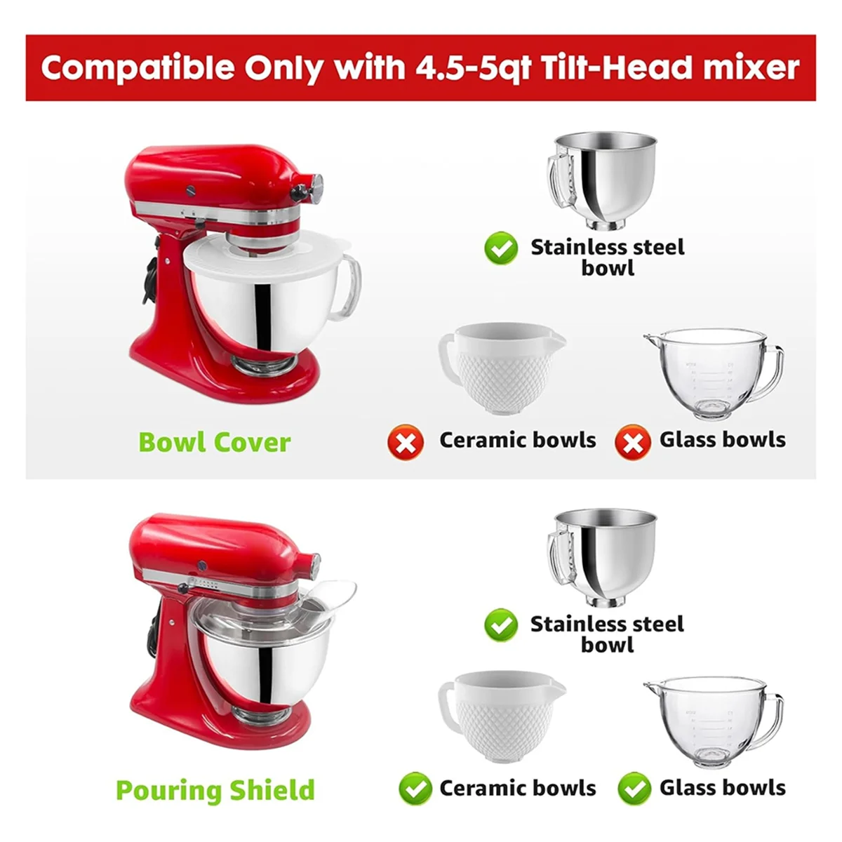 For KitchenAid 4.5-5 Quart Tilt-Head Stand Mixers, Secure Pouring Shield & Mixers Bowl Covers Mixer Splatter Guard Lids