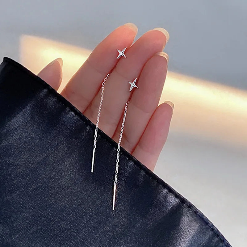 JWER S925 Silver Needle Star Line Earring for Women Tassel Drop Earring Long Chain Beads Piercing Earring Asymmetry Ear Jewelry