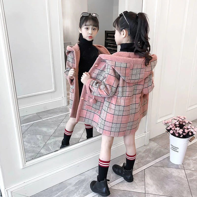 4-15 Year Children Outwear Winter for Girl Plaid Thicken Woolen Jacket Coat Teenage Kids Outfits Wool Long Outerwear Warm Fleece