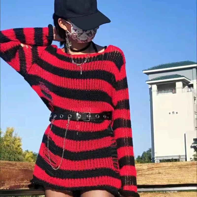 Autumn Punk Gothic Top Long  Unisex Sweater Women Striped Cool Hollow Out Hole Broken Jumper Loose Rock Thin Dark Streetwear