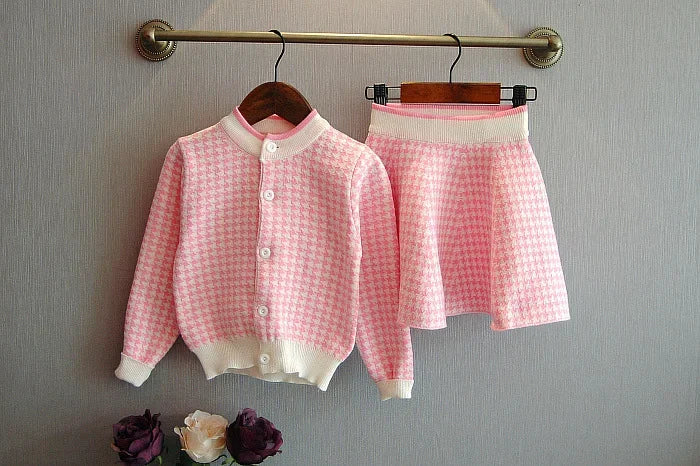 2024 Autumn Little Girl Pink Plaid Sweater Sets Winter Kids Korean Style Casual Cardigan Sweater Baby Girl Toddler Clothing