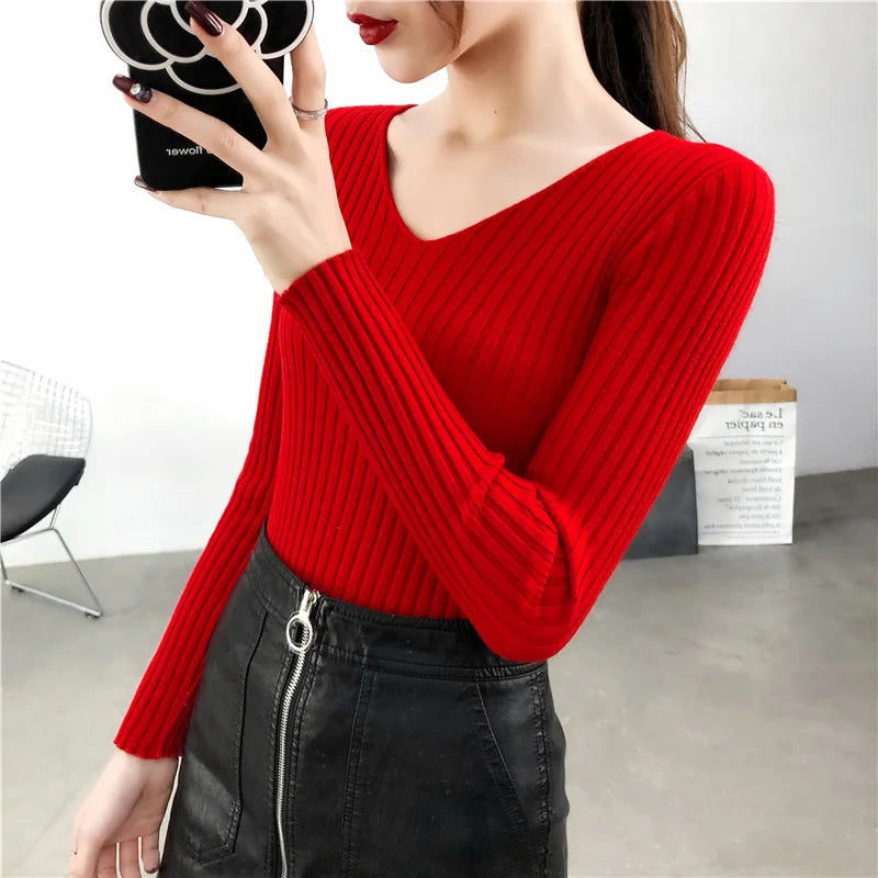 Autumn Winter Knitted V Neck Women Sweaters Casual Long Sleeve Pullover Soft Warm Sweater Femme Fashion Basic Solid Jersey Tops