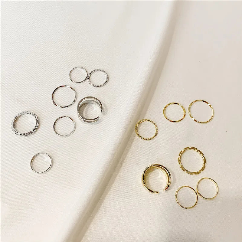 LATS 7pcs Fashion Jewelry Rings Set Hot Selling Metal Hollow Round Opening Women Finger Ring for Girl Lady Party Wedding Gifts