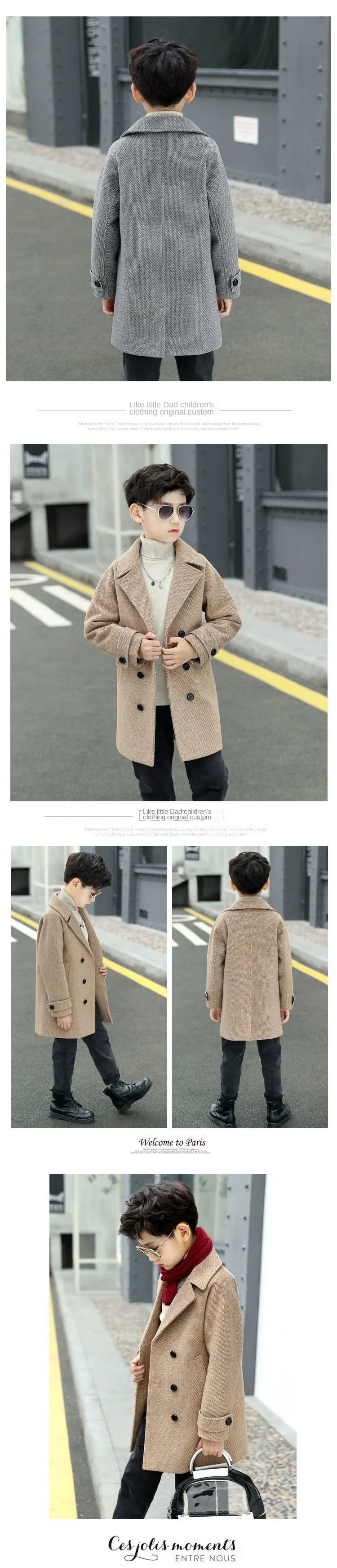 Boy's thousand-bird check coat 2024 autumn  winter new Zhongda children's woolen plus fleece thick coat trench coat for children