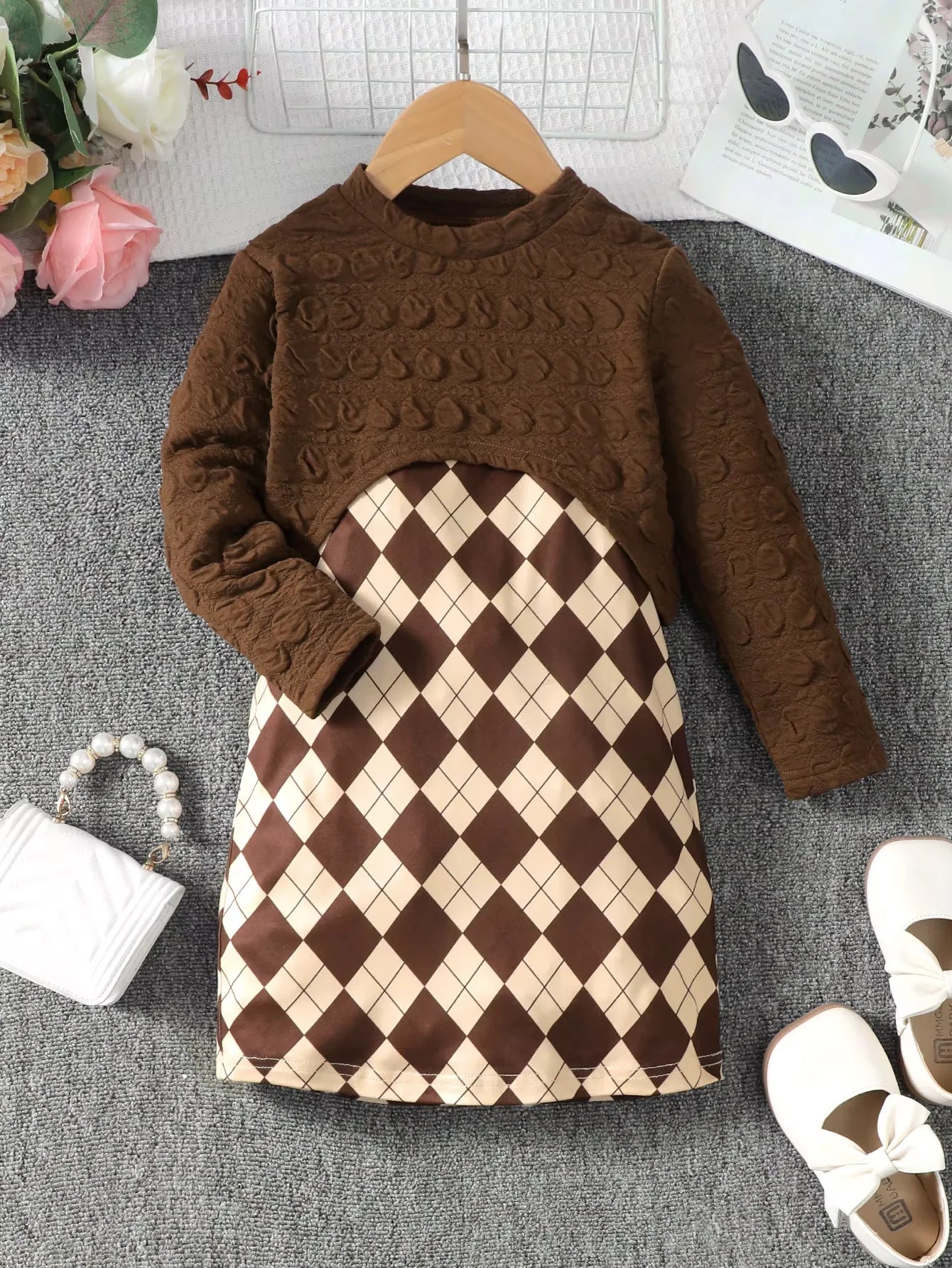 1-8 Years Dress Kid Girls 2PCS Clothes Set Brown Long Sleeved Top+ Lattice Sling Dress Fashion BirthdayParty Photograph Outfit