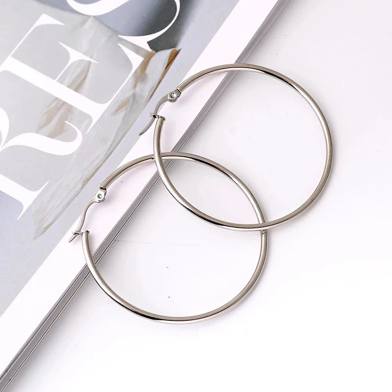 1Pairs/2Pcs 10 To 70mm Gold Silver Color Big Round Stainless Steel Earrings Trendy Jewelry For Women