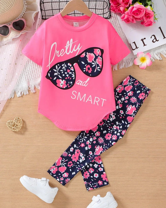 4-7 Years Girls Clothing Set Summer Cotton Short Sleeve Tops Pants 2Pcs Suit For Kids Birthday Present Toddler Children Clothes