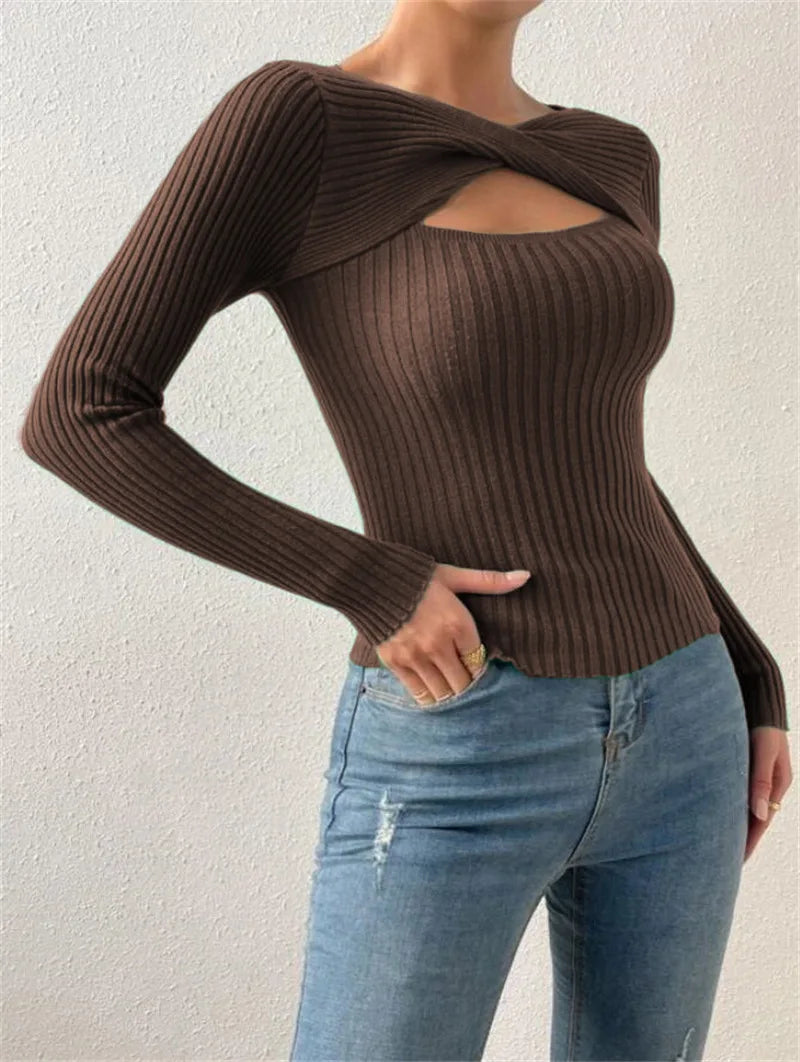 Casual Long Sleeve Hollow Out Irregular Round Neck T Shirts Basic Tee Sweater Top Lightweight Sweaters for Women Autumn