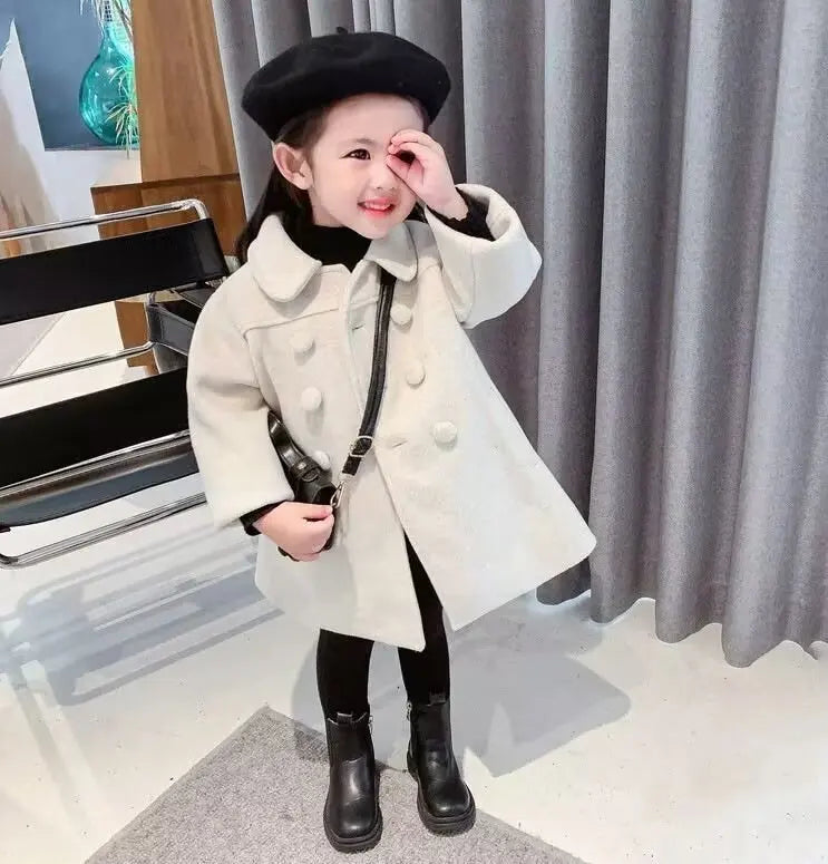 Winter Girl Baby Jacket Outdoor Cardigan Children's Medium Length Woolen Cotton Coat Thickened Double Breasted Jacket New 2024