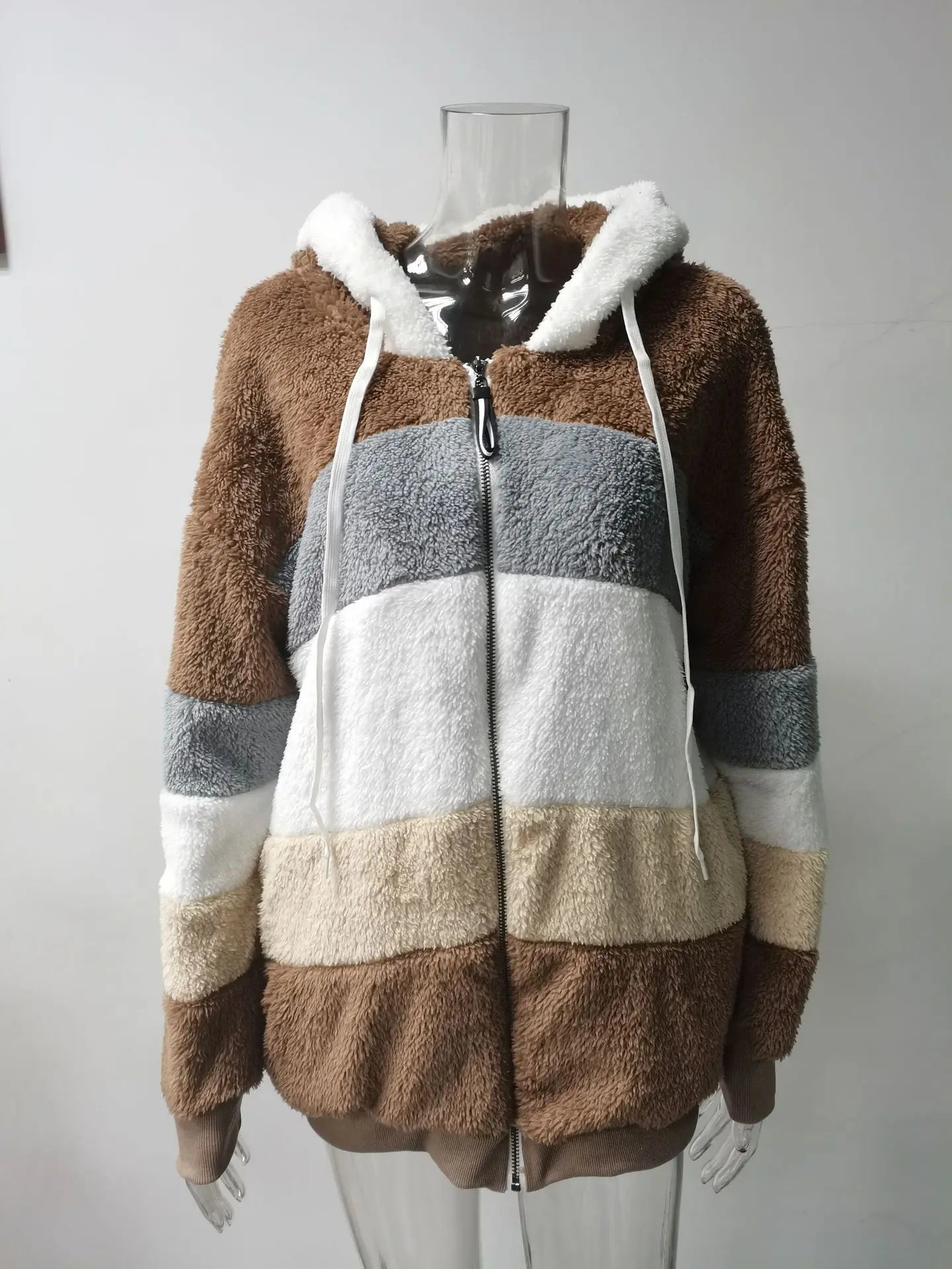 Women Striped Patchwork Fleece Hoodie Coat Autumn Winter Long Lantern Sleeve Loose Cardigan Hoodie Sweatshirt Coats