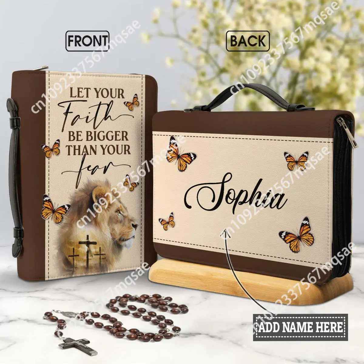 Presonalized Bible Cover Case Let Your Faith Be Bigger Than Your Fear Lion Bible Hymn Print Women's Zippered Handle Handbag Gift