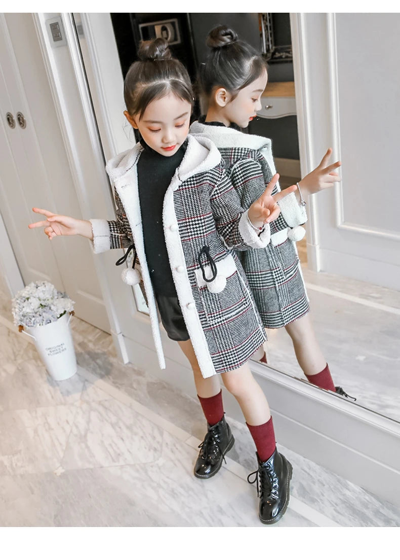 4-15 Year Children Outwear Winter for Girl Plaid Thicken Woolen Jacket Coat Teenage Kids Outfits Wool Long Outerwear Warm Fleece