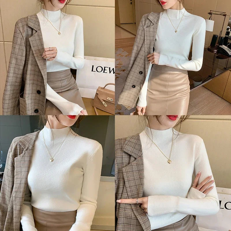 Autumn Turtleneck Sweater Women Fashion Stretch Tops Women Knitted Pullovers Long Sleeve Bottoming Knitted Sweater