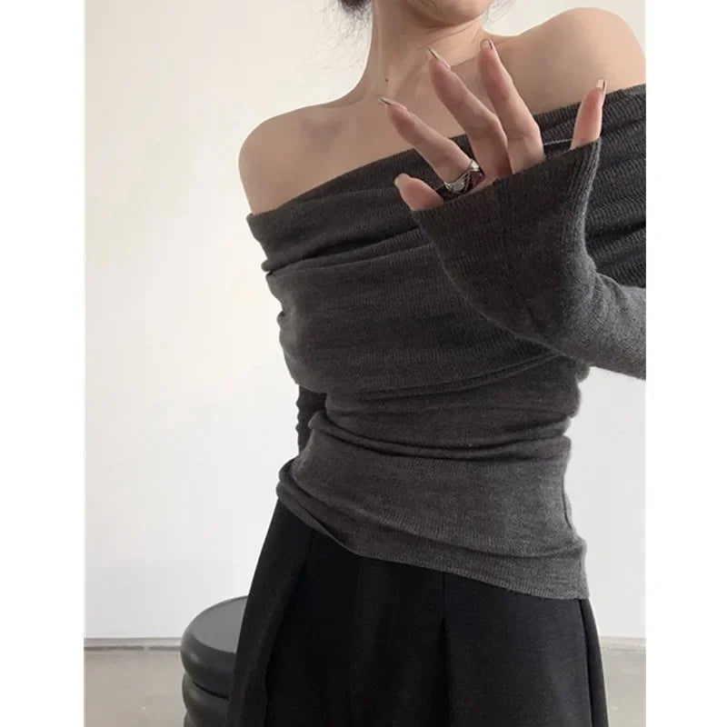 Women Long Sleeve Knitwear Solid Off Shoulder Autumn Thin Pullovers Slash Neck Sweater For Women Office Elegant Tops 2023