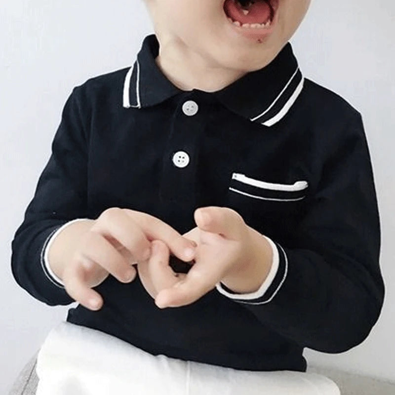 Boys Clothing Lapel Cotton Long Sleeve Spring New Korean Version Versatile Spliced Pocket Solid Color Kids Fashion Polo Shirt