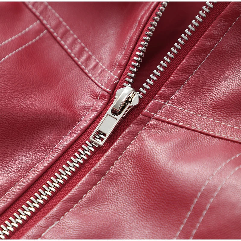 Fashion Patchwork Lapel Long Sleeve Coats Vintage Red Zipper Leather Jacket For Women 2024 Autumn Winter Female Casual Outerwear