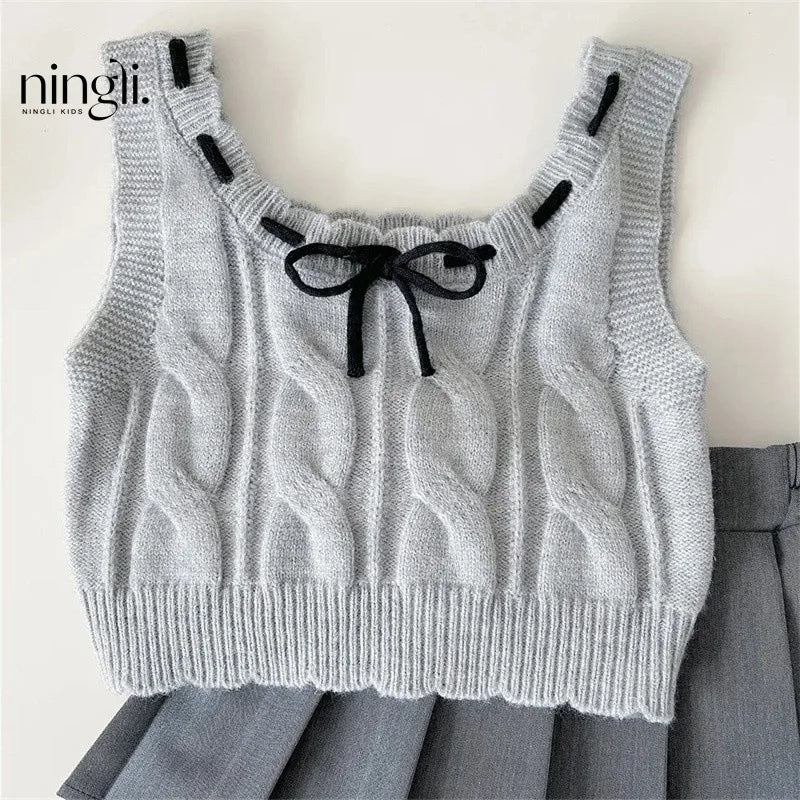 Spring Autumn Children Girl 3PCS Clothes Set Cotton White Ruched Shirts Knitted Bow Vest Pleated Skirts Suit Toddler Girl Outfit