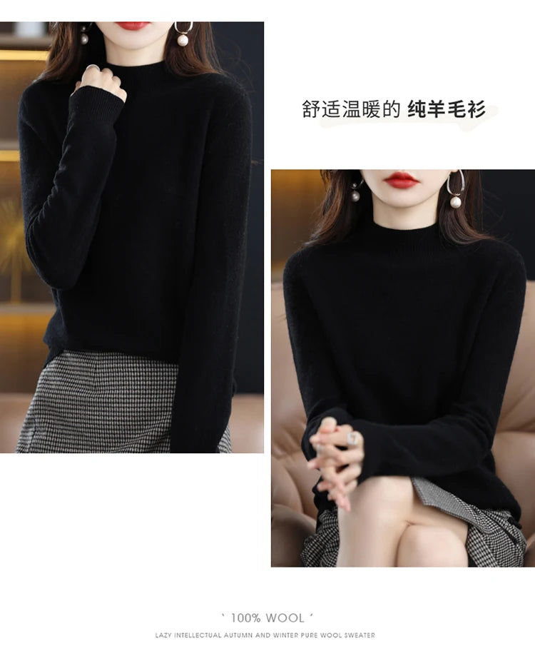 100% merino wool cashmere sweater women's sweater semi-high-necked long-sleeved pullover warm pullover in autumn and winter