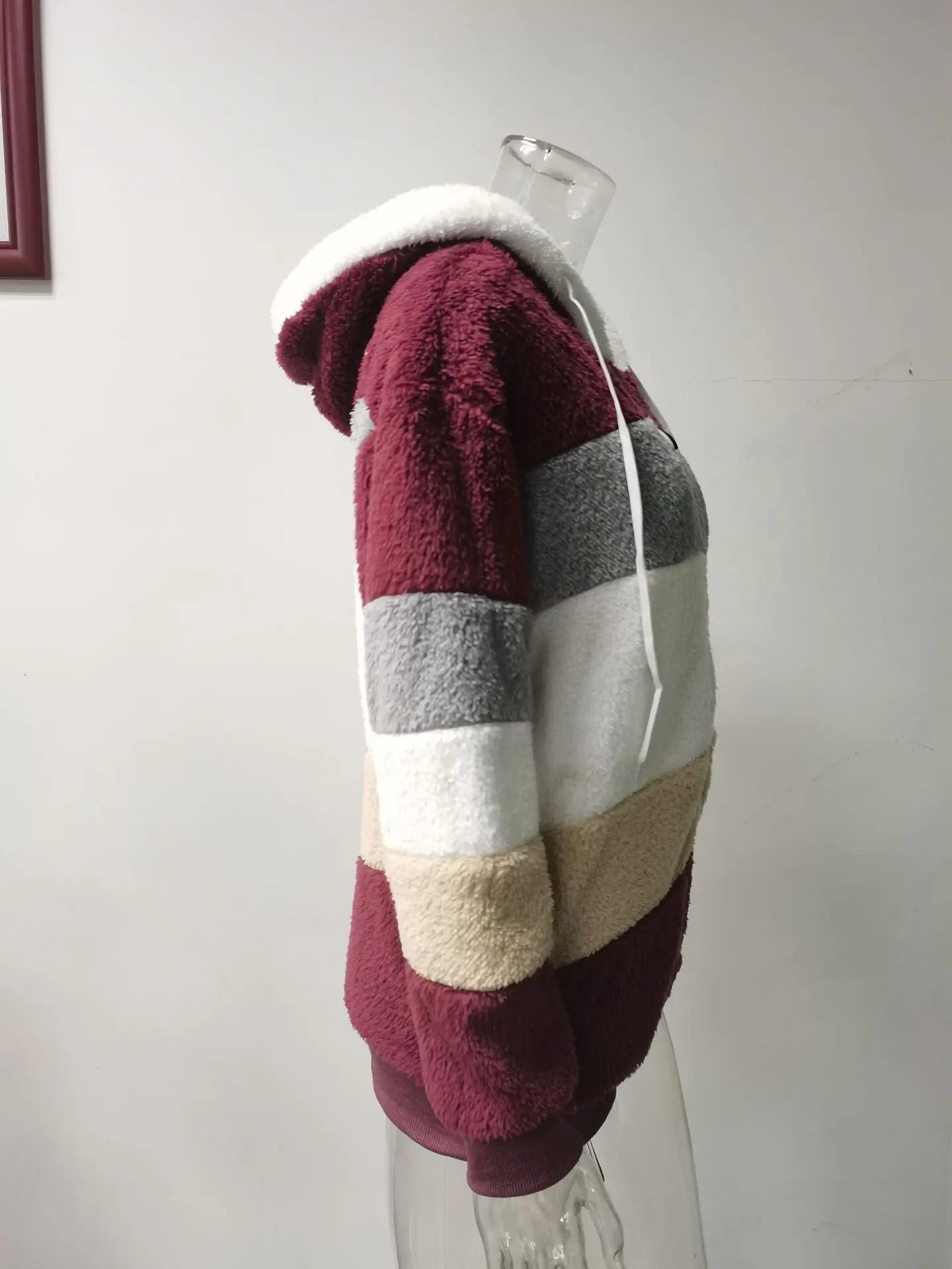 Women Striped Patchwork Fleece Hoodie Coat Autumn Winter Long Lantern Sleeve Loose Cardigan Hoodie Sweatshirt Coats