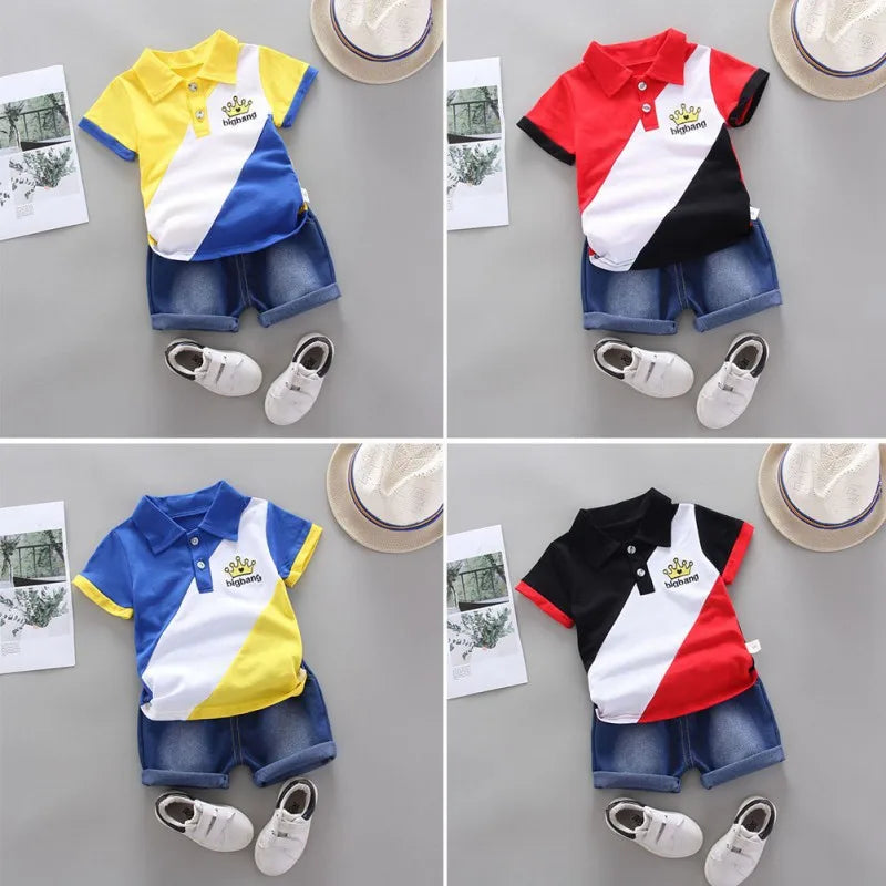 Boys Summer Shorts Set Lapel Patchwork Crown Short Sleeve Denim Shorts Two-Piece Set 0-6 Years Old Boys Children's Sets