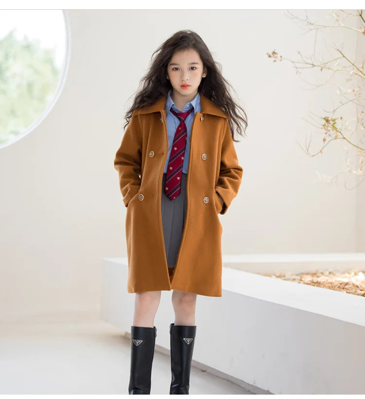 Winter Girls Wool Coat Long Double-faced Tweed Overcoat for Kids Fashion Casual Grey 10 12 14 Years Teenage Children Outerwear