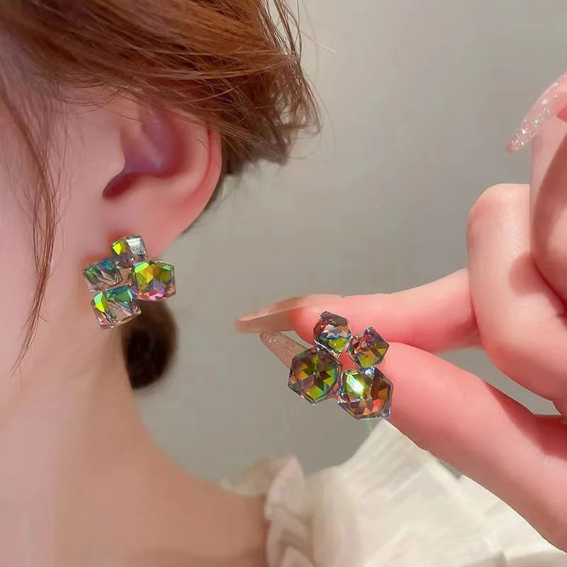 Design Fantastic Colorful Crystal Geometric Square Earrings with Different Angles and Colors Unusual Jewelry for Women or Girls