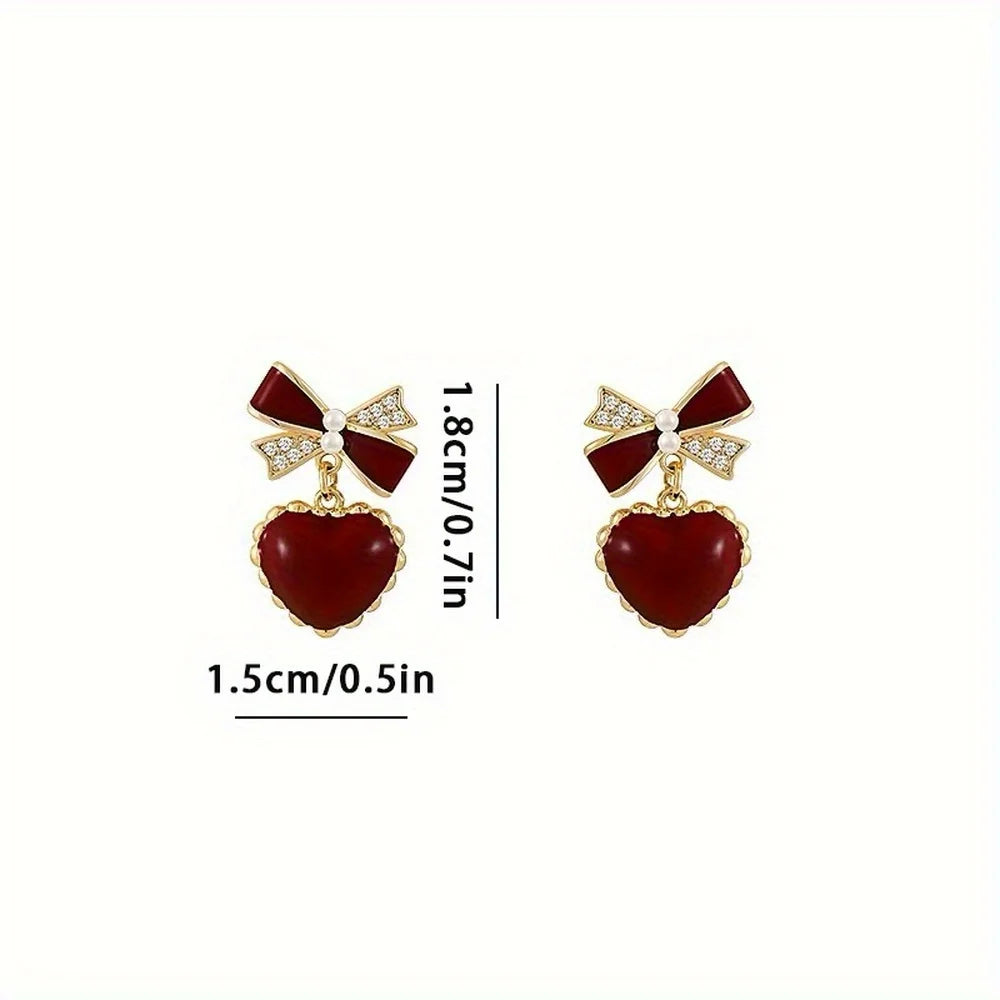 2pcs Fashion Creative Red Bow & Heart Shaped Dangle Earrings, Exquisite Party Commemorative Jewelry Gifts Beautiful Style Gifts