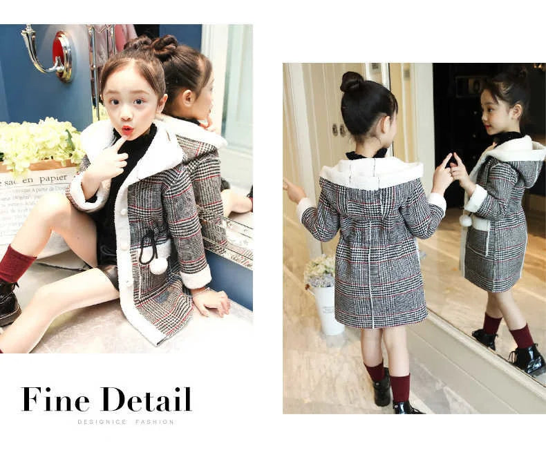 2024 Fashion Design Autumn Winter parka Girl Hairy clothes Long Woolen Coat for Kids Outerwear Grid pattern Padded Warm clothing