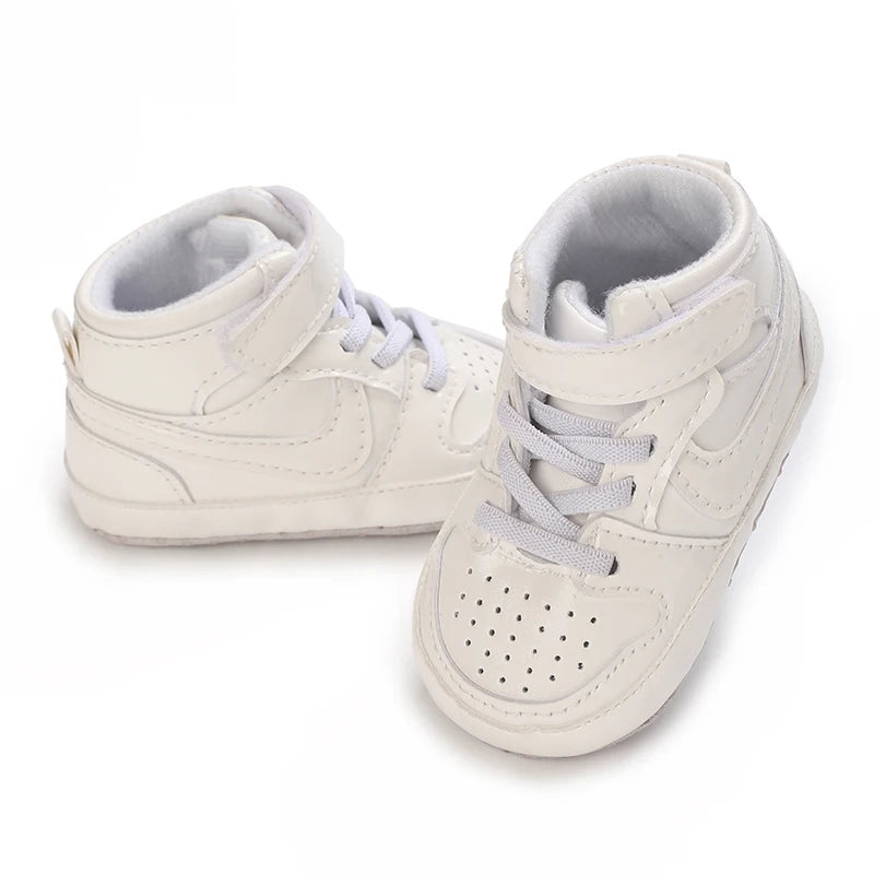 Spring and Autumn Baby Shoes Fashion Classic White PU High Top Sports Shoes Soft Sole Comfortable Casual Walking Shoes