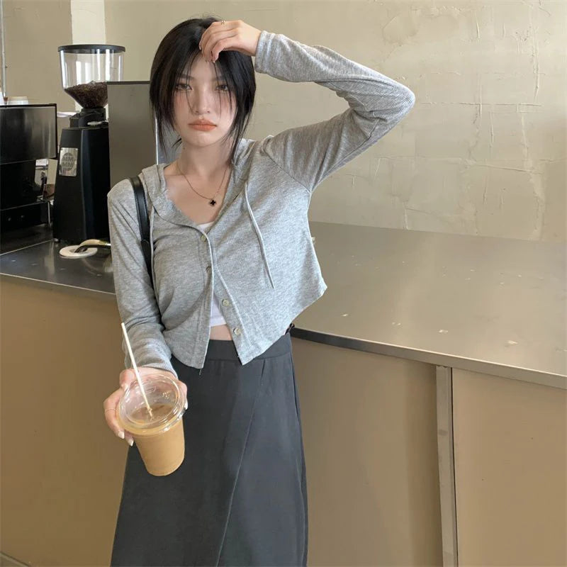 Fall Women Knitted Hooded Cardigan Korean Loose Streetwear Single Breasted Crop Tops Woman Solid Long Sleeve Knitwear