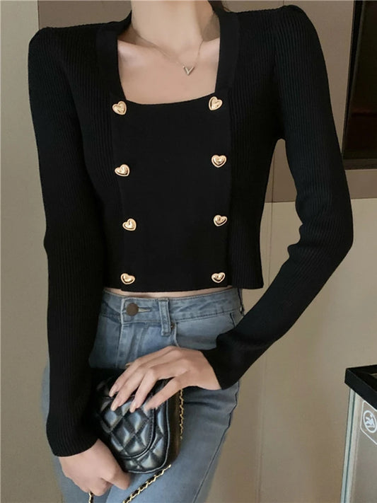 Short Square Collar Crop Top Knitted Sweater Women Korean Clothes Love Button Long Sleeve Sweaters 2022 Autumn Winter Pullover