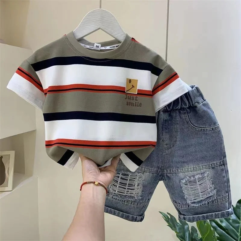 Boys Summer 2023 New Boutique Design Outfits Cotton Set Baby Boys Short Sleeve Shirt Jeans Shorts 2pcs Clothing Children 6 7 8Y