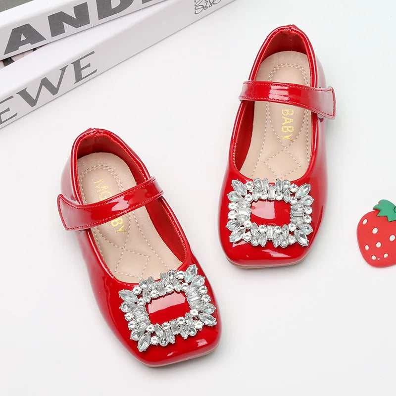 Spring Autumn  Kids Shoes for Girl Leather Shoes Fashion Rhinestone Flat Heels Infant Girls Party Shoes Red Black