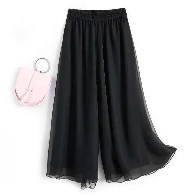 New Summer White Drape Chiffon Wide-Leg Pants Casual Chiffon Trousers Pants Women Clothing Loose High Waist Slim Skirt bd67